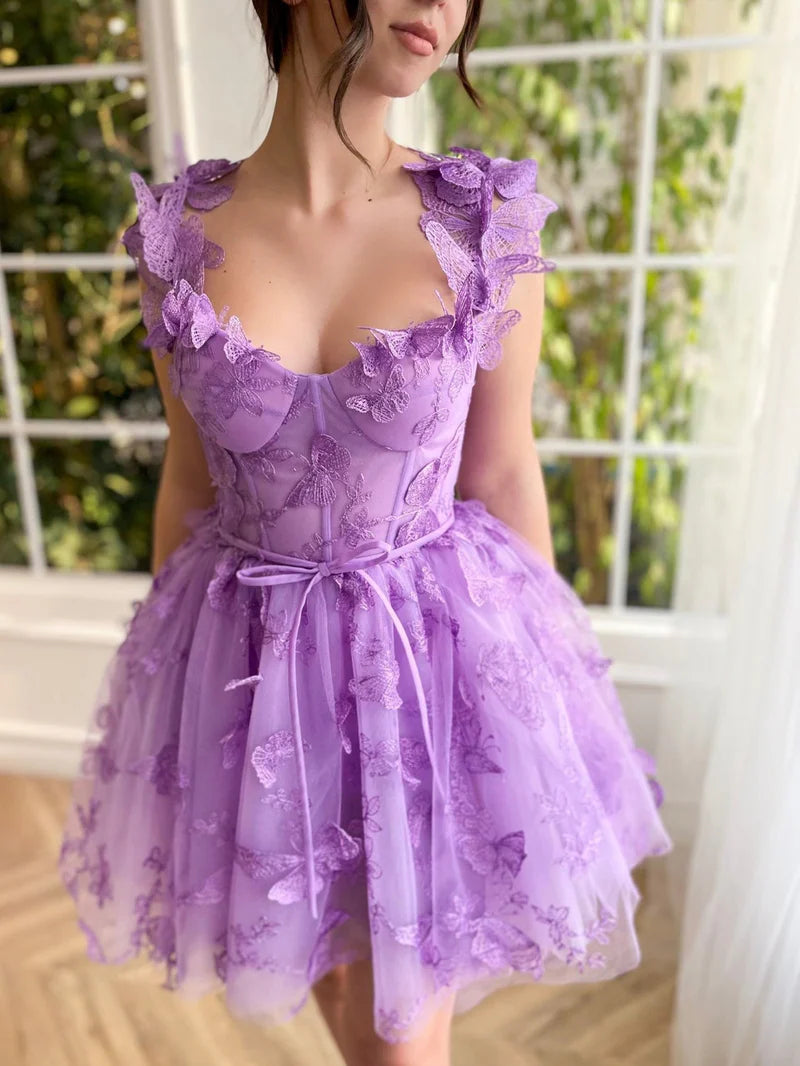 Aline Short Tulle Prom Dress with 3D Butterflies Homecoming Dress