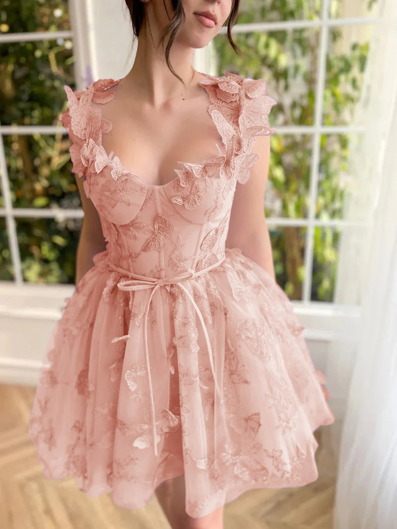 Aline Short Tulle Prom Dress with 3D Butterflies Homecoming Dress