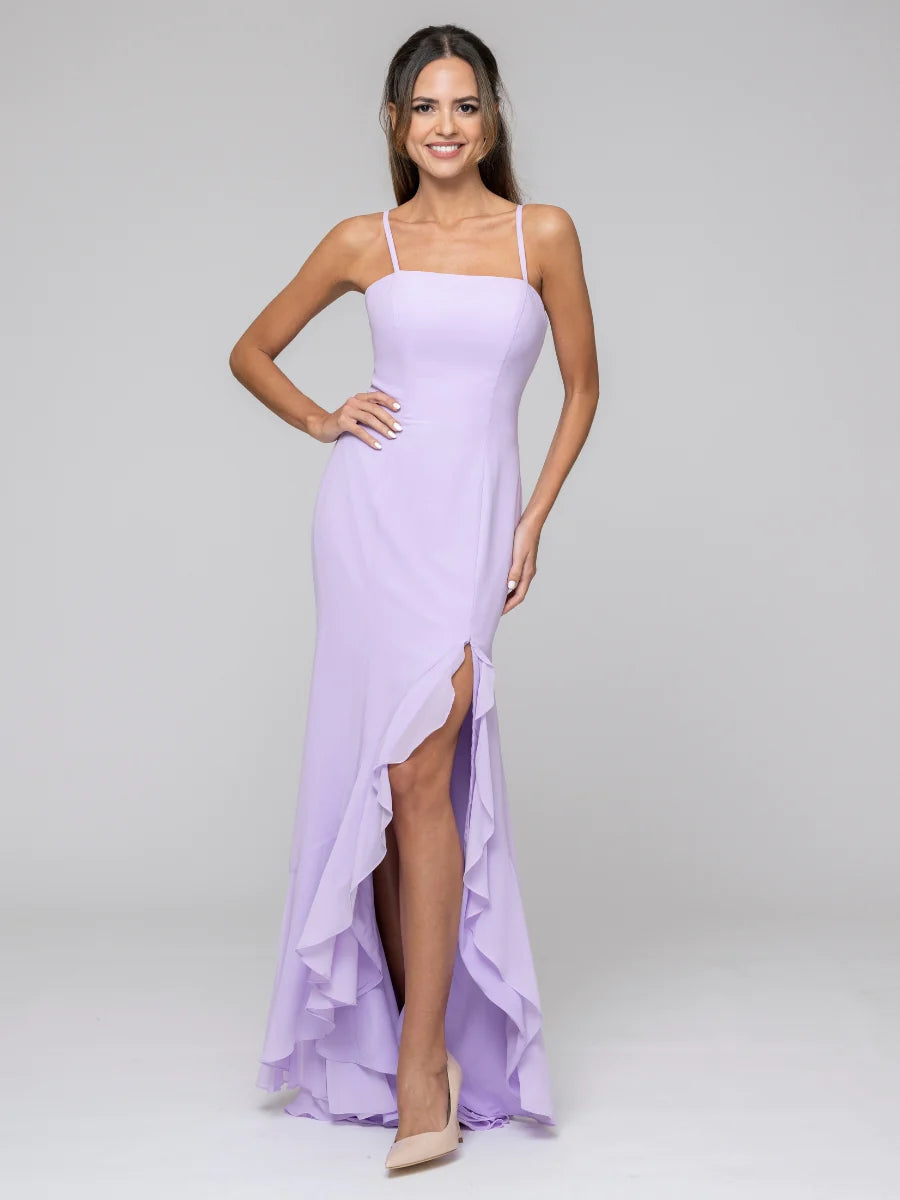 Spaghetti Strap Chiffon Mermaid Bridesmaid Dresses With Ruffles Split