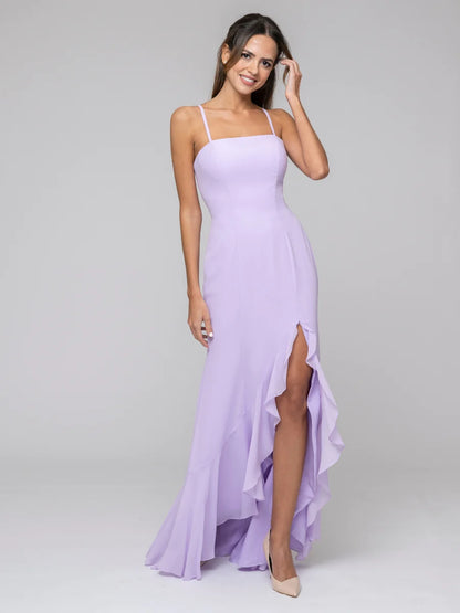 Spaghetti Strap Chiffon Mermaid Bridesmaid Dresses With Ruffles Split