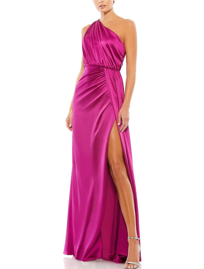 A-Line Evening Gown Elegant Dress Formal Wedding Floor Length Sleeveless One Shoulder Charmeuse with Ruched Slit