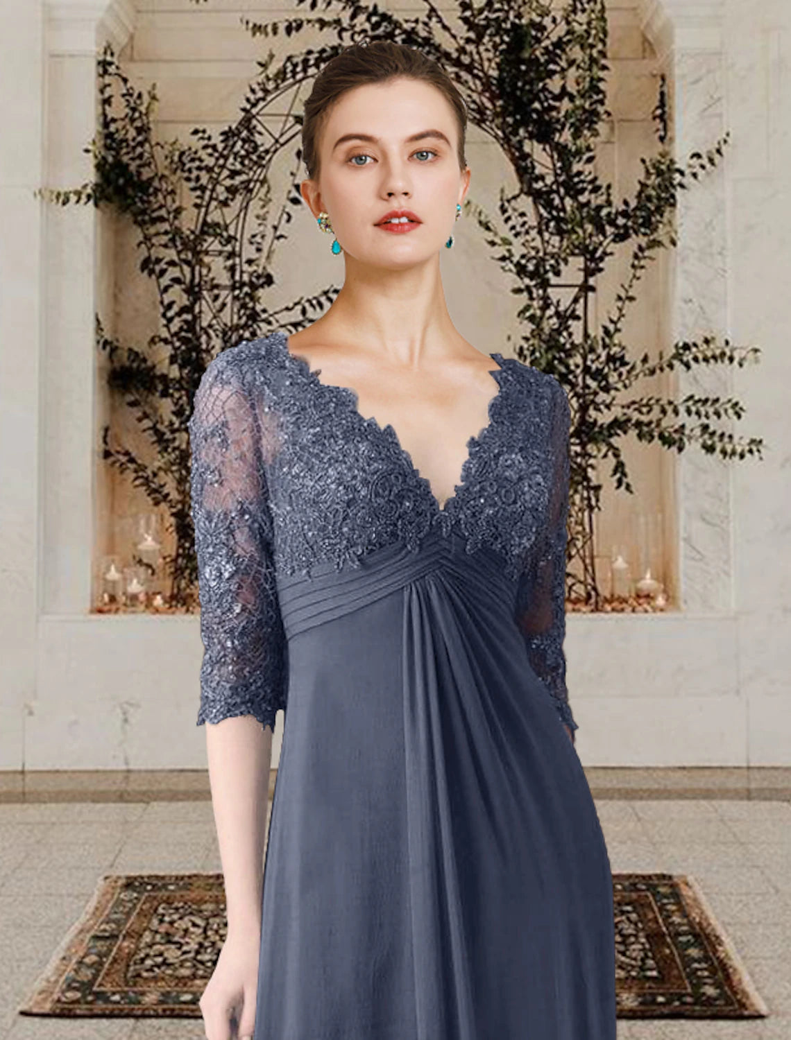 A-Line Mother of the Bride Dress Elegant V Neck Sweep / Brush Train Chiffon Lace Half Sleeve with Appliques