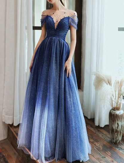 Sheath / Column Color Block Minimalist Sparkle Wedding Guest Formal Evening Dress Jewel Neck Short Sleeve Floor Length Tulle with Pleats Sequin