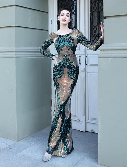 Mermaid / Trumpet Prom Dresses Elegant Dress Formal Floor Length Long Sleeve Jewel Neck Sequined with Sequin