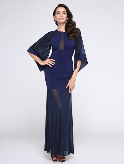 Sheath / Column See Through Dress Prom Formal Evening Floor Length Half Sleeve Jewel Neck Chiffon with Pleats