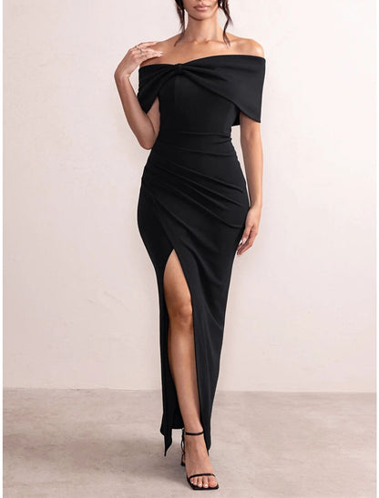 Women's Black Dress Prom Dress Party Dress Long Dress Maxi Dress Black Red Short Sleeve Plain Backless Summer Spring Fall Off Shoulder Elegant Wedding Guest Evening Party Vacation