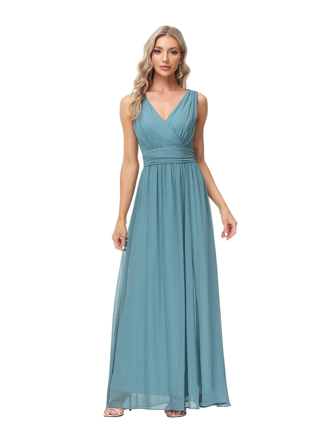 A-Line Evening Gown Empire Dress Party Wear Wedding Guest Floor Length Sleeveless V Neck Bridesmaid Dress Chiffon V Back with Slit