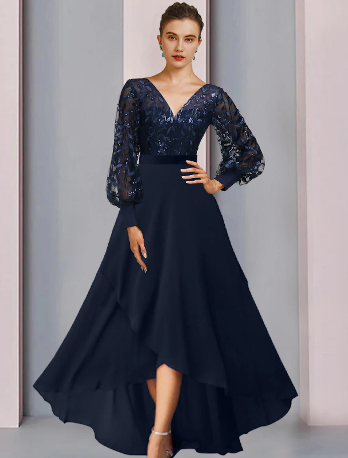 A-Line Mother of the Bride Dress Wedding Guest Sparkle & Shine High Low Jewel Neck Asymmetrical Tea Length Chiffon Lace Sequined Long Sleeve with Sequin Appliques Fall