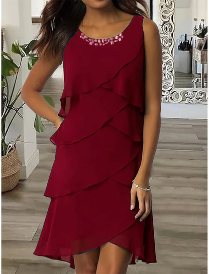 Wedding Guest Party Dress Chiffon Dress Semi Formal Dress Fashion Midi Dress Ruffle Layered Crew Neck Sleeveless Plain Loose Fit Dark Blue Summer Spring