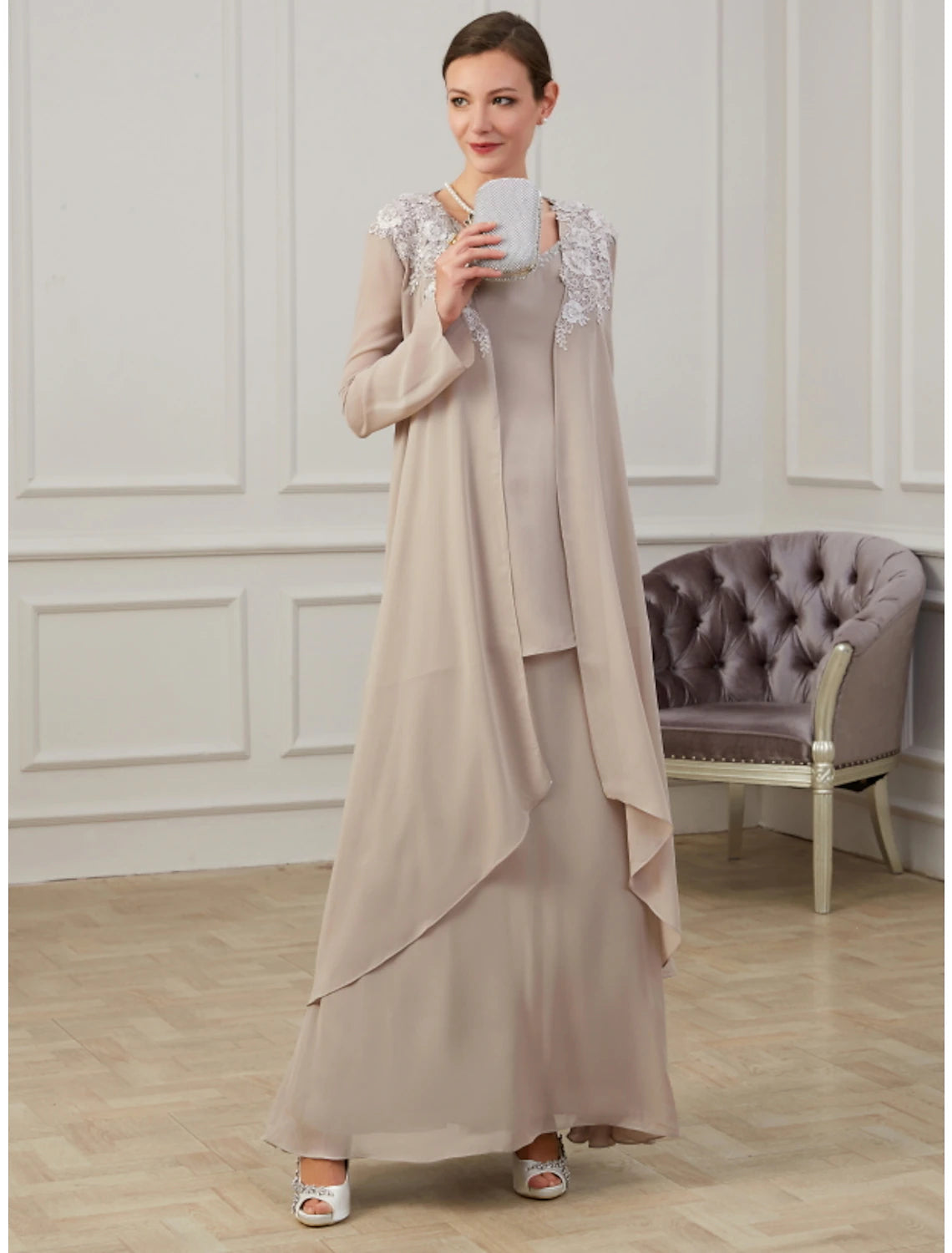 A-Line Mother of the Bride Dress Wedding Guest Elegant Jewel Neck Floor Length Chiffon Long Sleeve Jacket Dresses with Appliques Fall