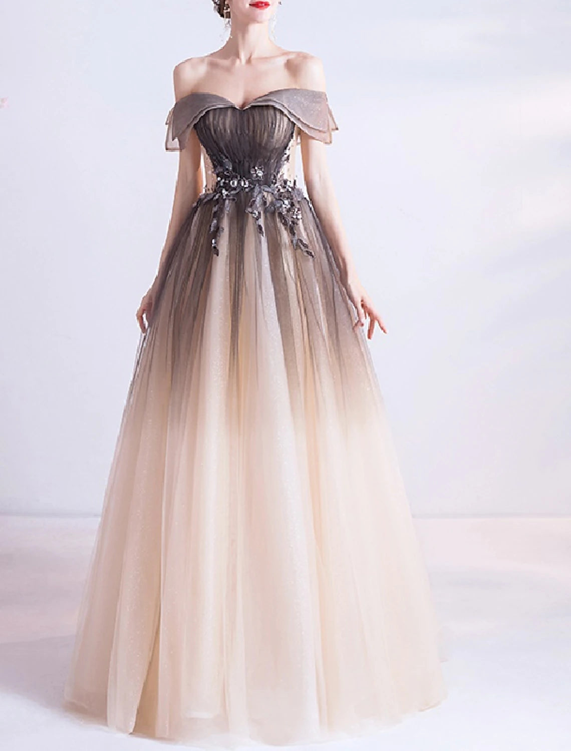 Ball Gown Princess Prom Dress Off Shoulder Sleeveless Floor Length Tulle with Crystals Appliques