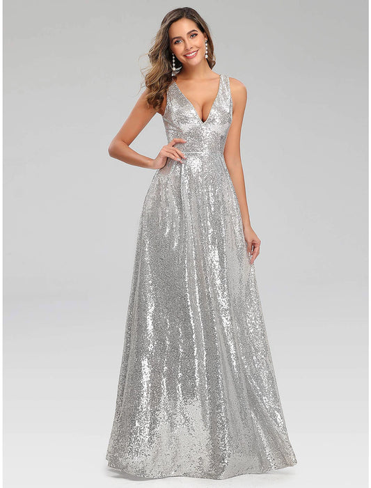 A-Line Prom Dresses Sparkle Dress Wedding Guest Engagement Floor Length Sleeveless V Neck Polyester V Back with SequinA-Line Prom Dresses Sparkle Dress Wedding Guest Engagement Floor Length Sleeveless V Neck Polyester V Back with Sequin