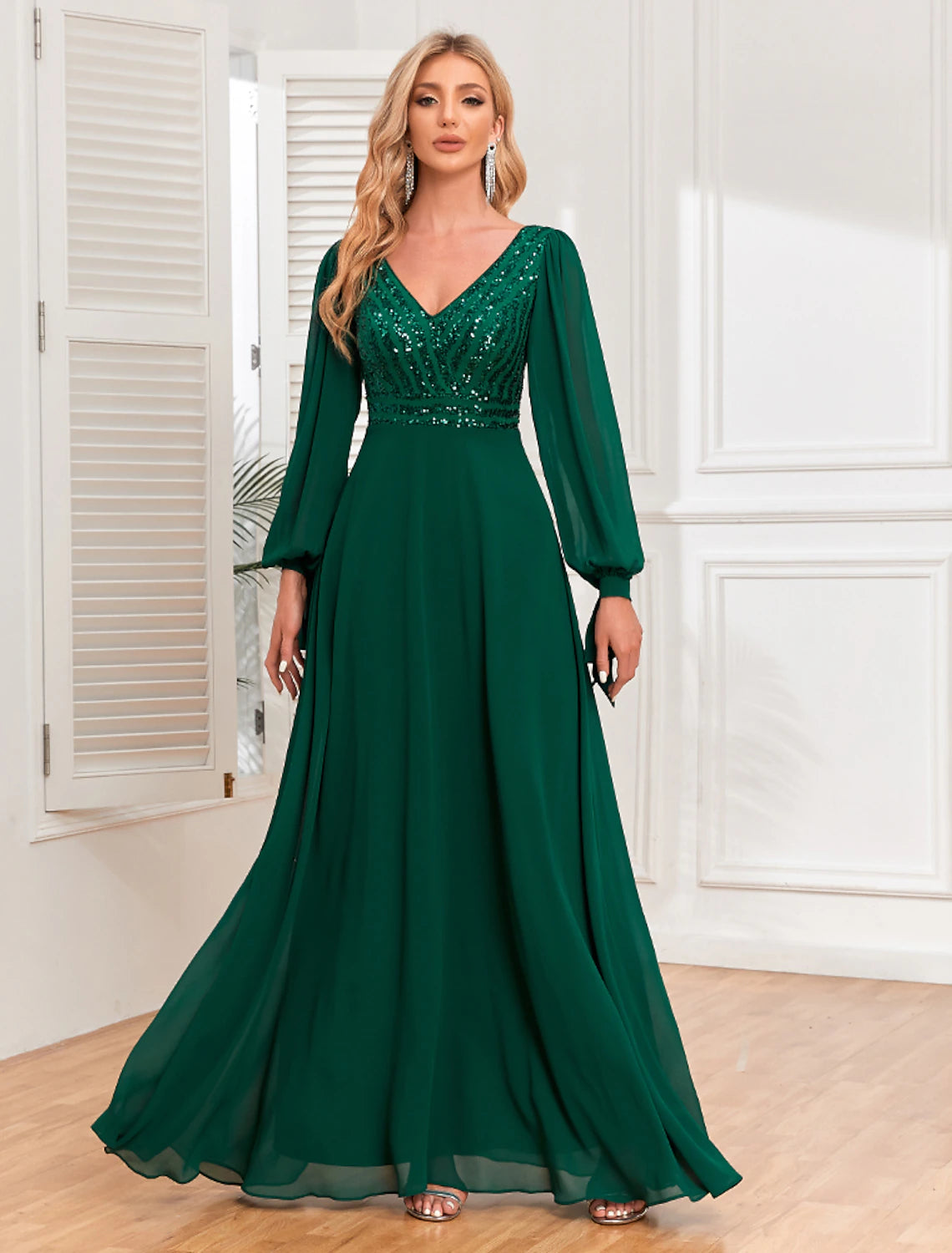 A-Line Evening Gown Empire Dress Evening Party Wedding Reception Floor Length Long Sleeve V Neck Fall Wedding Guest Chiffon V Back with Sequin