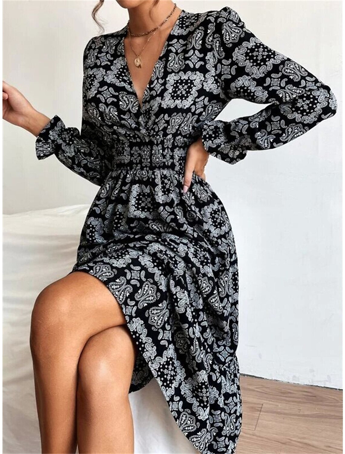 Women's Party Dress Cocktail Dress Wedding Guest Dress Midi Dress Black White Blue Long Sleeve Floral Print Summer Spring Fall V Neck Elegant Wedding Guest Birthday Vacation