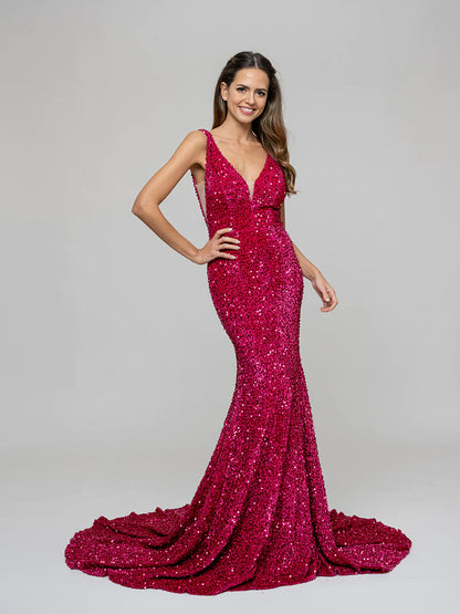 Mermaid Plunging V Neck Sequin Fitted Sexy Prom Dresses