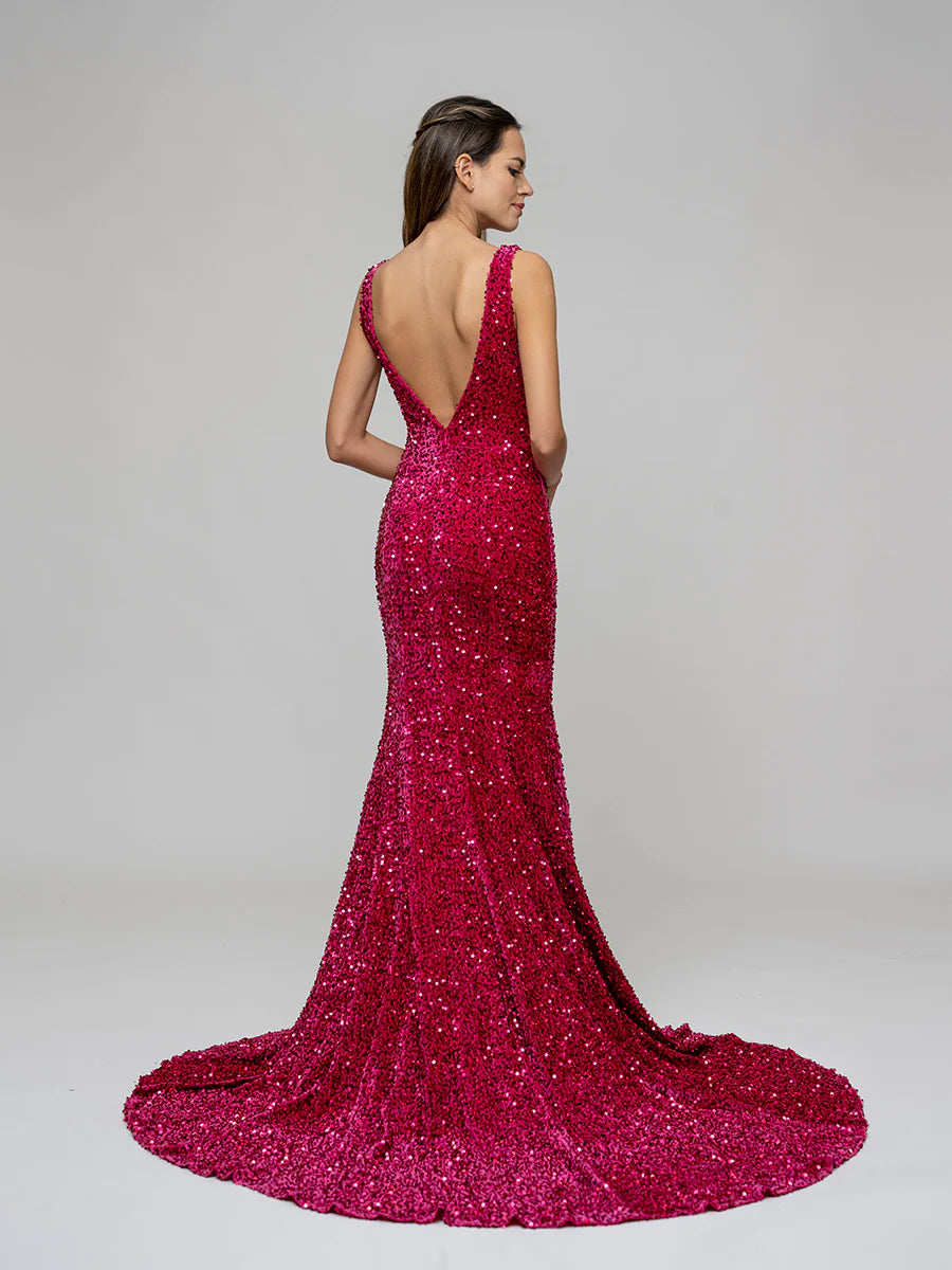 Mermaid Plunging V Neck Sequin Fitted Sexy Prom Dresses