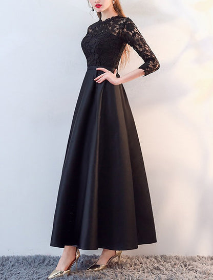 A-Line Mother of the Bride Dress Elegant Jewel Neck Ankle Length Satin Lace 3/4 Length Sleeve with Lace Appliques