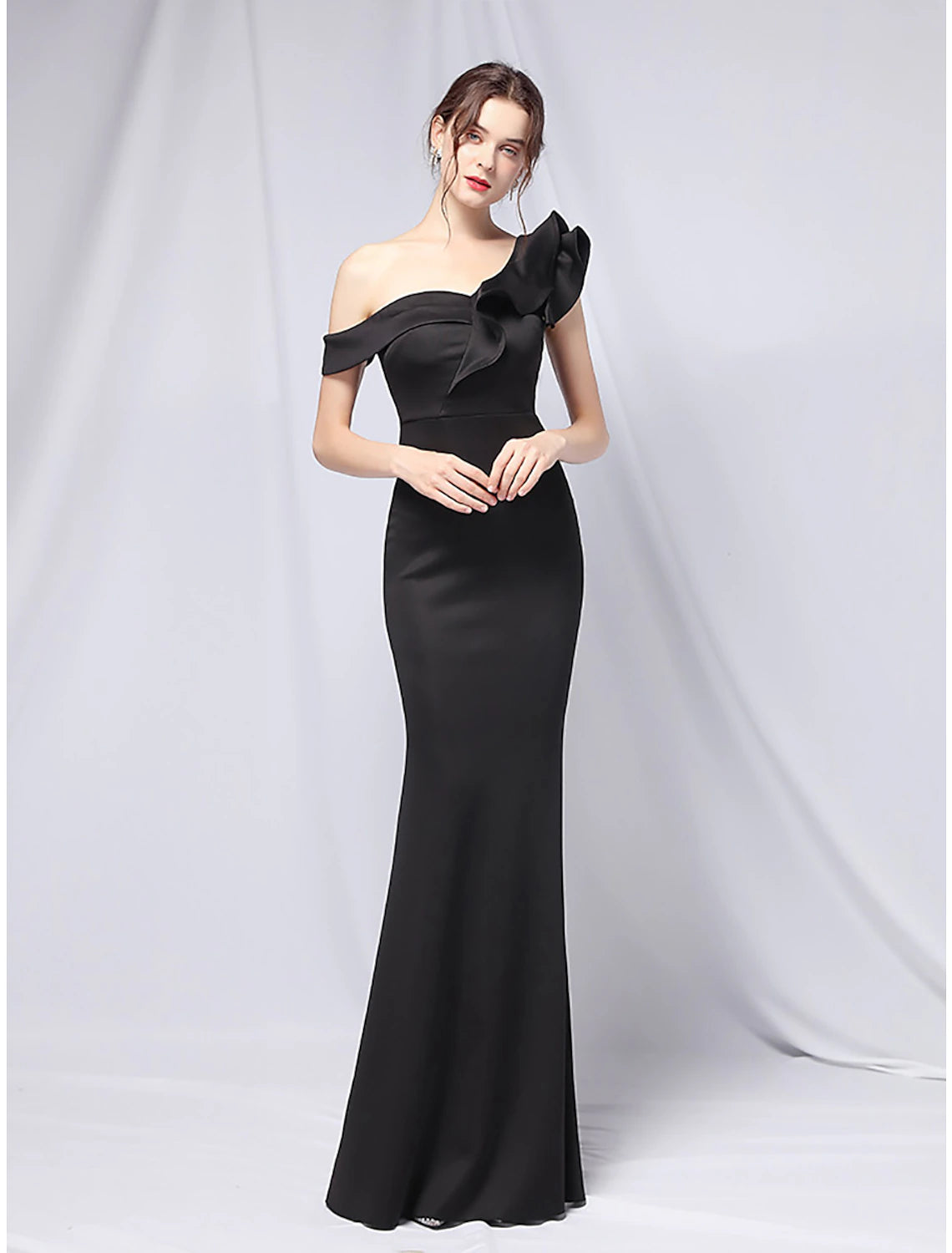Mermaid / Trumpet Evening Gown Empire Dress Wedding Guest Formal Evening Floor Length Short Sleeve One Shoulder Stretch Satin with Ruffles