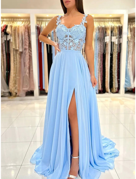 A-Line Prom Dresses Empire Dress Formal Prom Court Train Sleeveless Spaghetti Strap Chiffon Backless with Appliques