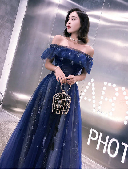 A-Line Fairy Prom Dress Sparkle Party Dress Off Shoulder Short Sleeve Floor Length Tulle with Sequins Embroidery Bridesmaid Formal Evening