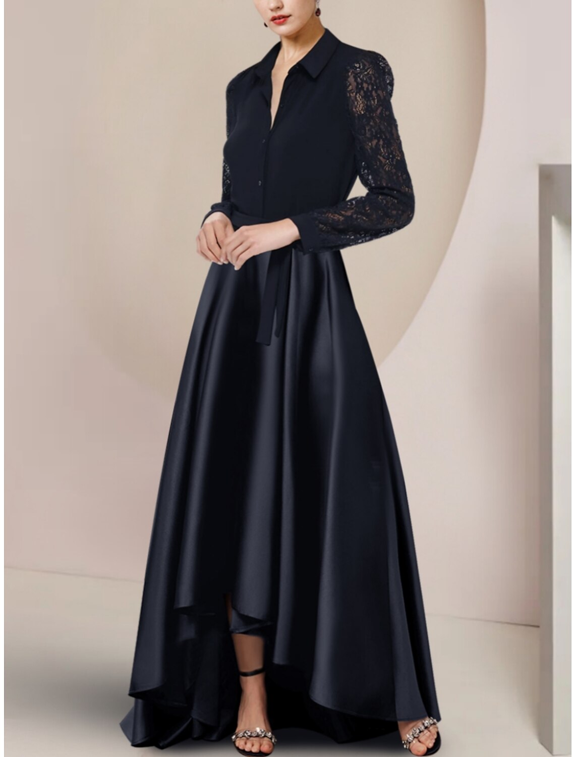 A-Line Mother of the Bride Dress Wedding Guest Party Elegant Shirt Collar Asymmetrical Floor Length Satin Long Sleeve with Lace Bow(s) Ruching