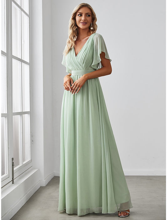 A-Line Bridesmaid Dress V Neck Short Sleeve Elegant Stretch Chiffon with Ruffles / Solid Color
