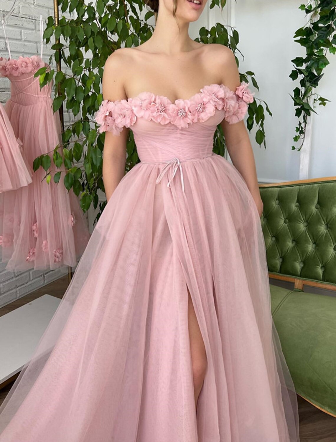 A-Line Prom Dresses Corsets Dress Wedding Guest Birthday Sweep / Brush Train Short Sleeve Off Shoulder Tulle with Slit Appliques