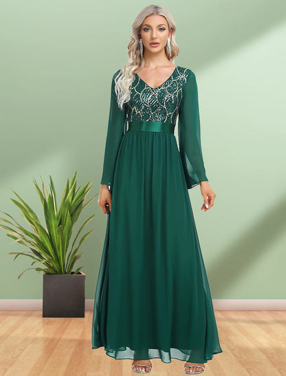 A-Line Evening Gown Elegant Dress Party Wear Floor Length Long Sleeve V Neck Chiffon with Sequin