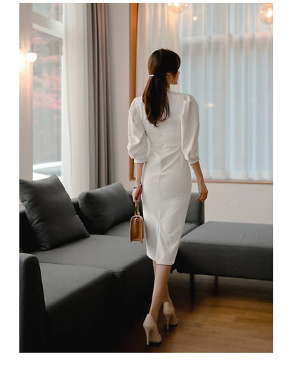 Women's Party Dress Work Dress White Dress Midi Dress White 3/4 Length Sleeve Pure Color Hollow Out Spring Fall High Neck Fashion Office Wedding Guest Slim