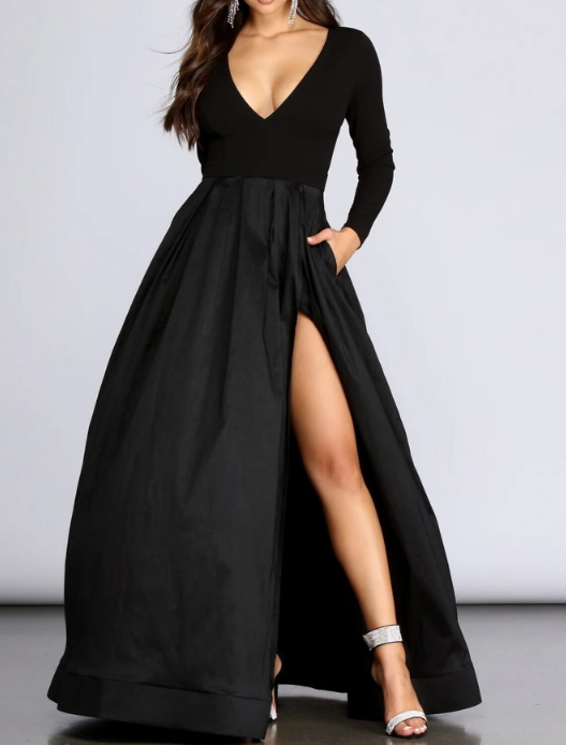 Ball Gown Elegant High Split Prom Formal Evening Dress V Neck Long Sleeve Floor Length Spandex with Pleats Slit