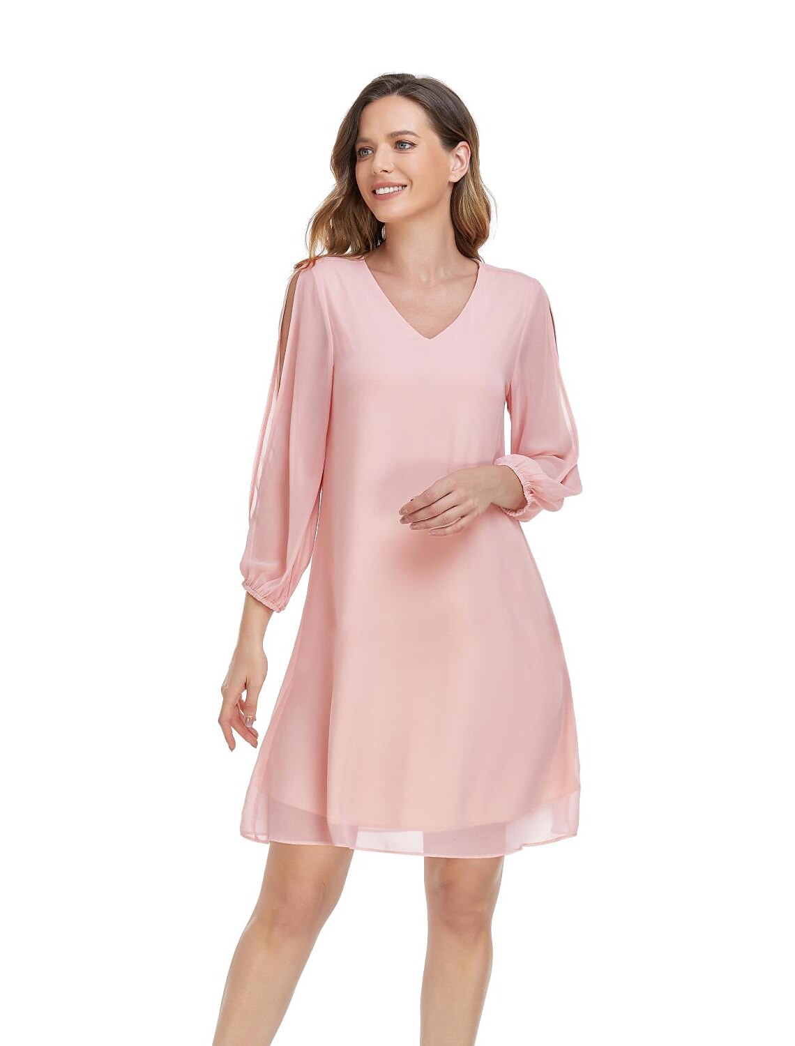A-Line Empire Homecoming Cocktail Party Dress V Neck 3/4 Length Sleeve Short / Mini Chiffon with Slit Pure Color