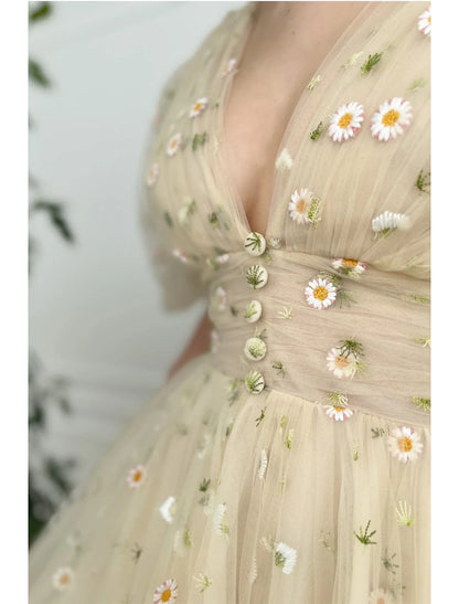 A-Line Prom Dresses Floral Dress Formal Wedding Guest Ankle Length Half Sleeve V Neck Lace V Back with Pleats Ruched