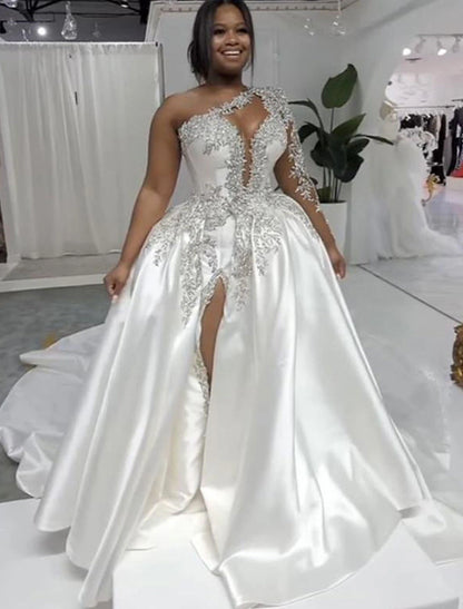 Formal Wedding Dresses Ball Gown One Shoulder Regular Straps Court Train Satin Bridal Gowns With Beading Split Front Summer Wedding Party