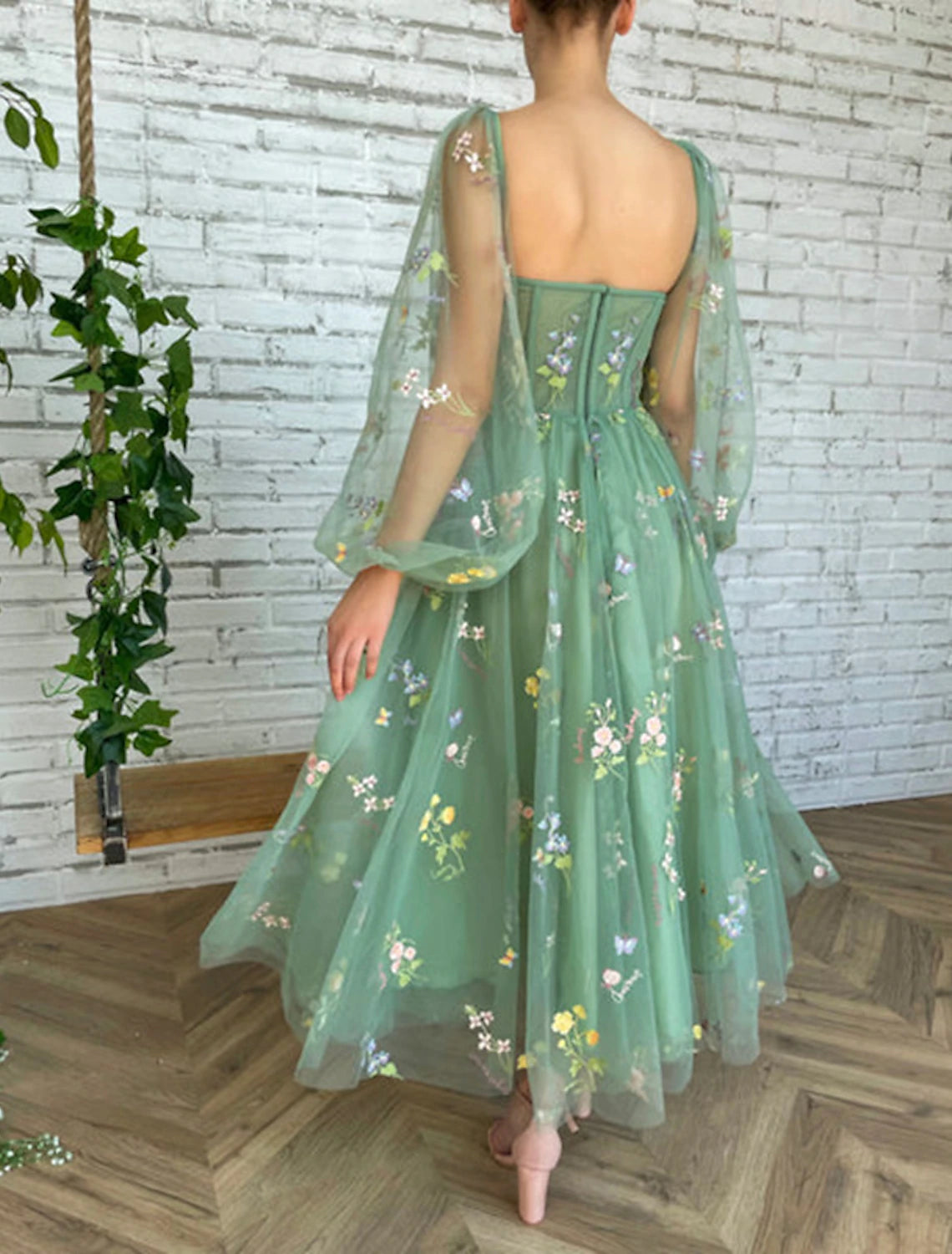 A-Line Prom Dresses Floral Dress Wedding Guest Prom Ankle Length Long Sleeve Square Neck Lace with Appliques