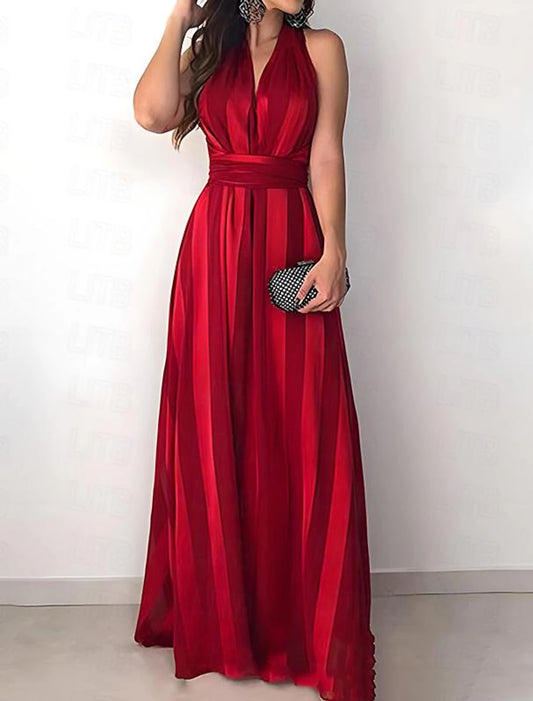 Women's Red Christmas Dress Party Dress New Year's Eve Dress Cocktail Dress Semi Formal Dress Long Dress Red Sleeveless Striped Print Summer Spring V Neck Party Party Spring Dress