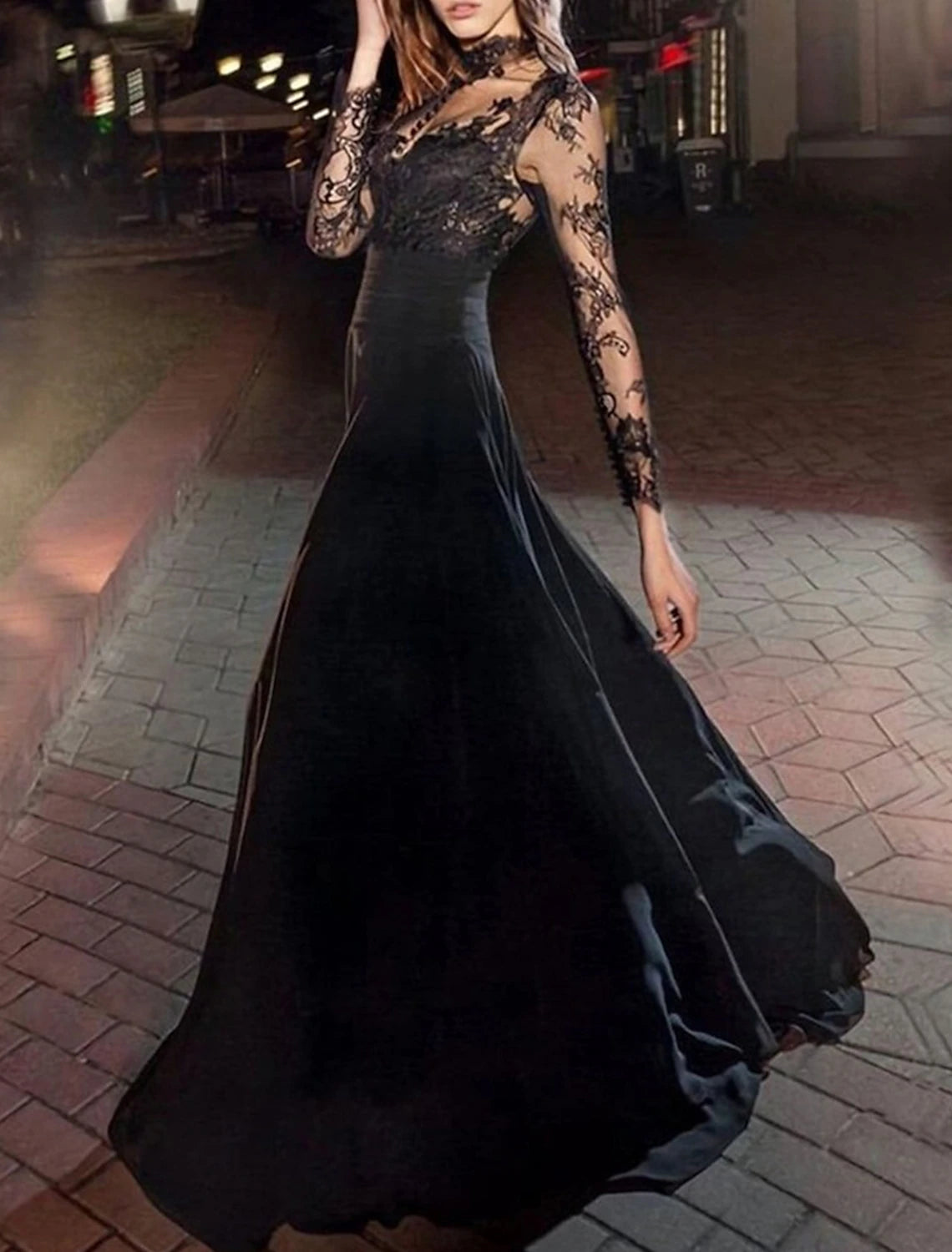 A-Line Evening Gown Vintage Dress Masquerade Floor Length Long Sleeve High Neck Black Dress Chiffon with Appliques