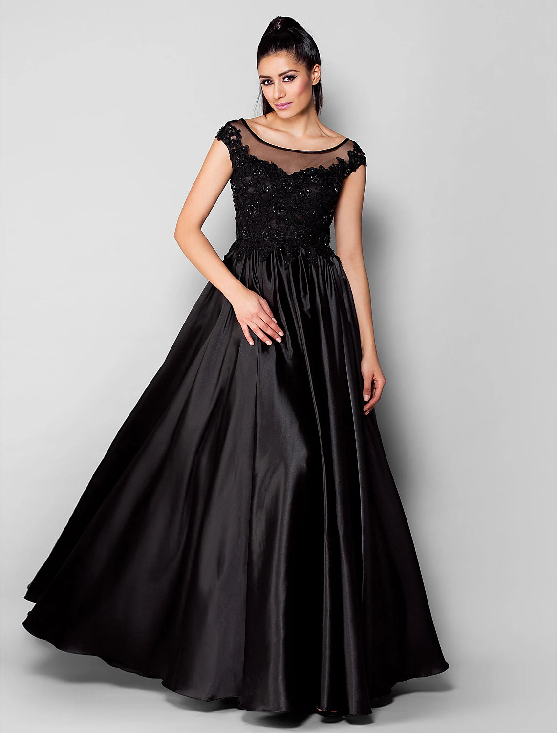 Ball Gown Minimalist Formal Evening Dress Illusion Neck Short Sleeve Floor Length Stretch Satin with Beading Appliques