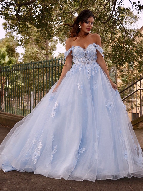 Ball Gown Tulle Applique Off-the-Shoulder Sleeveless Sweep/Brush Train Dresses