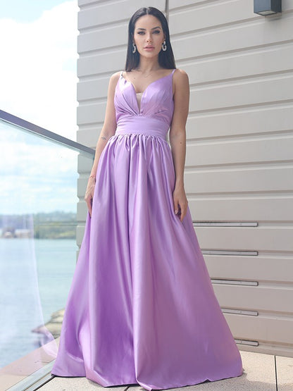 A-Line/Princess Satin Ruched V-neck Sleeveless Sweep/Brush Train Dresses