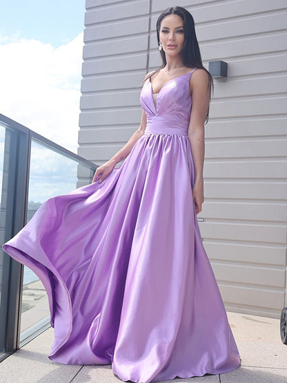 A-Line/Princess Satin Ruched V-neck Sleeveless Sweep/Brush Train Dresses