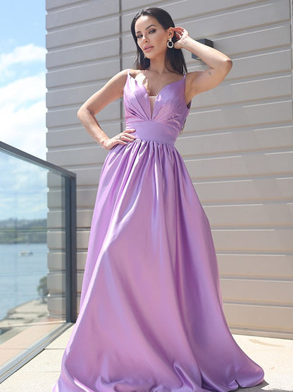 A-Line/Princess Satin Ruched V-neck Sleeveless Sweep/Brush Train Dresses