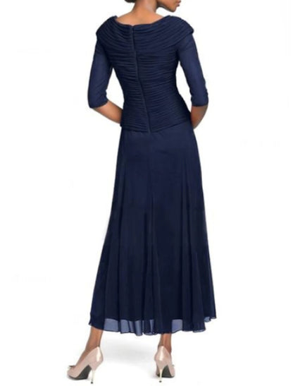 A-Line Mother of the Bride Dress Plus Size Plunging Neck Ankle Length Chiffon Half Sleeve with Ruching