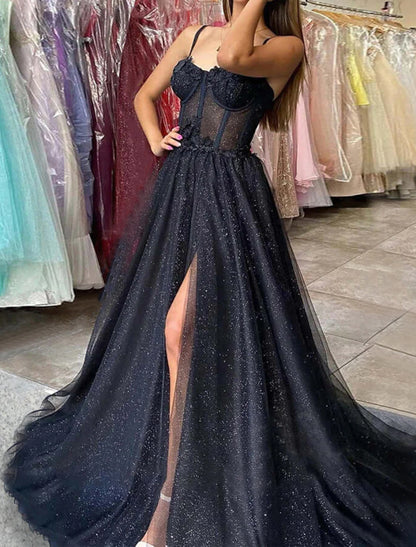 A-Line Prom Dresses Glitter Black Dress Plus Size Wedding Dresses Formal Gothic Dress Floor Length Sleeveless Sweetheart Spaghetti Tulle with Slit