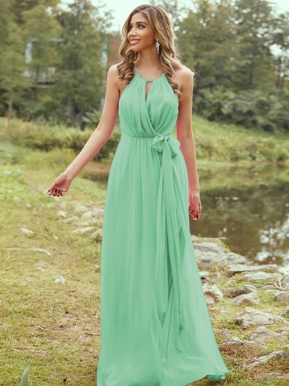 A-Line/Princess Chiffon Ruffles Halter Sleeveless Sweep/Brush Train Bridesmaid Dresses