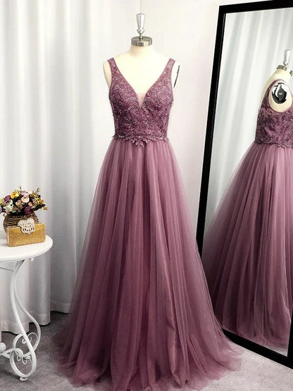 A-Line/Princess Sleeveless Tulle Floor-Length Applique V-neck Dresses