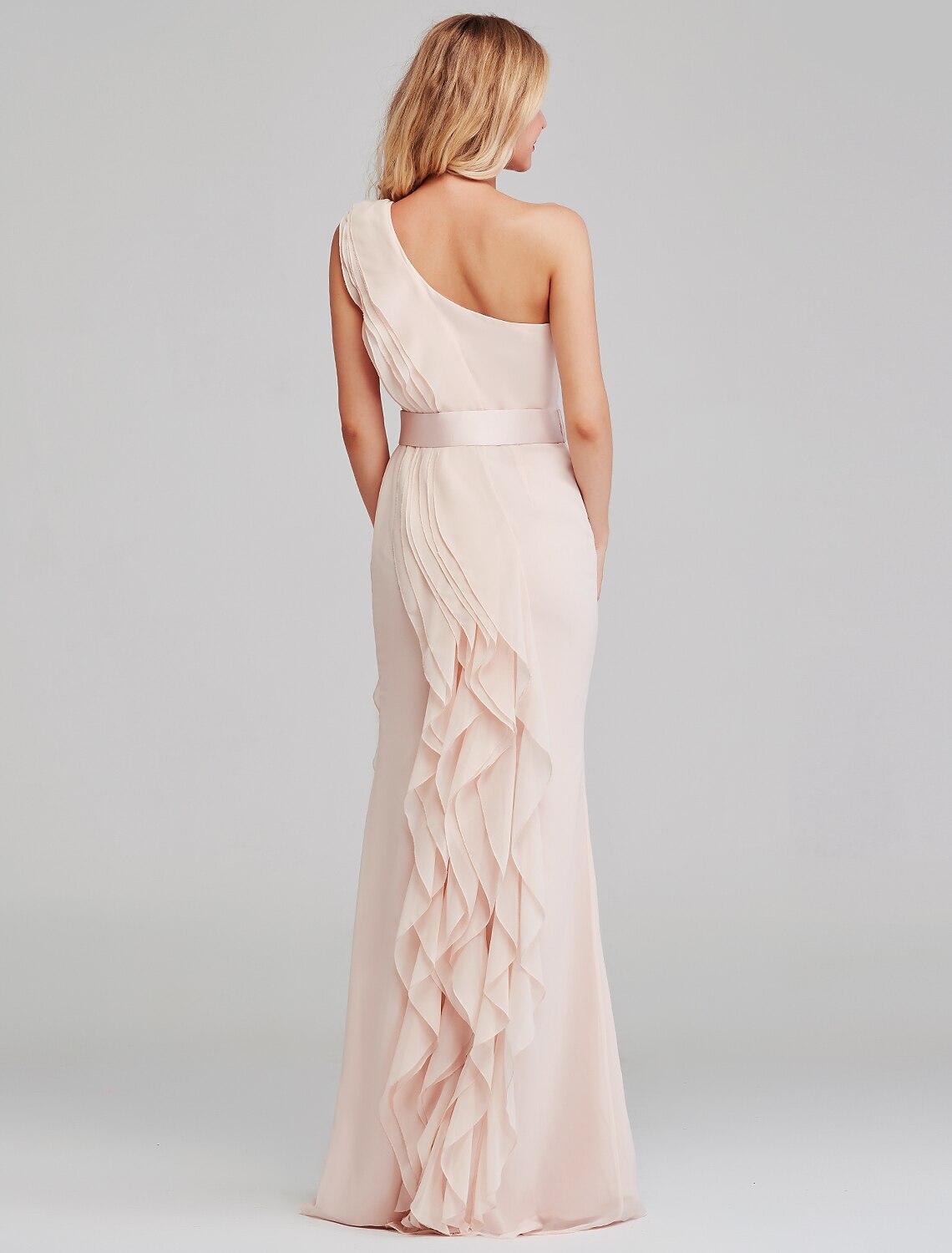 Sheath / Column Bridesmaid Dress One Shoulder Sleeveless Elegant Long Length Chiffon with Cascading Ruffles