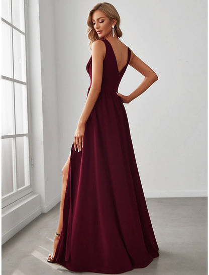 A-Line Prom Dresses High Split Dress Wedding Guest Floor Length Sleeveless V Neck Chiffon V Back with Slit Pure Color