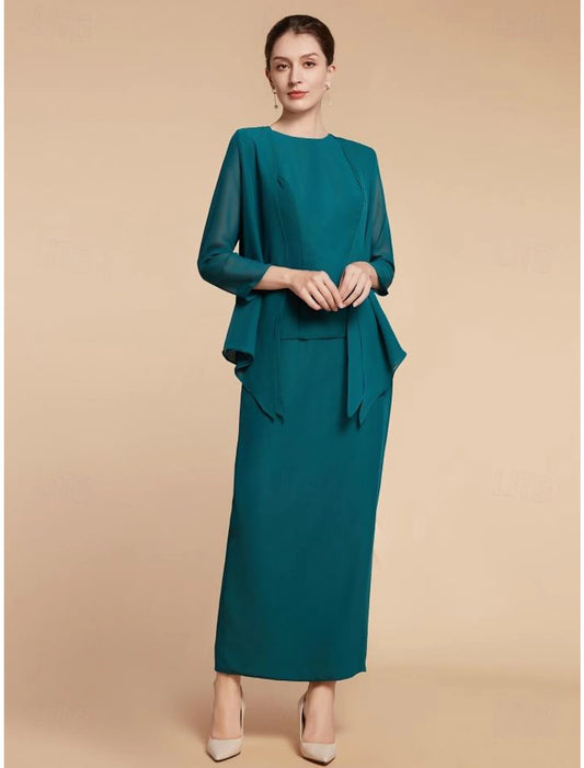 Sheath / Column Mother of the Bride Dress Wedding Guest Elegant Simple Jewel Neck Ankle Length Chiffon Long Sleeve with Split Front Ruching Solid Color