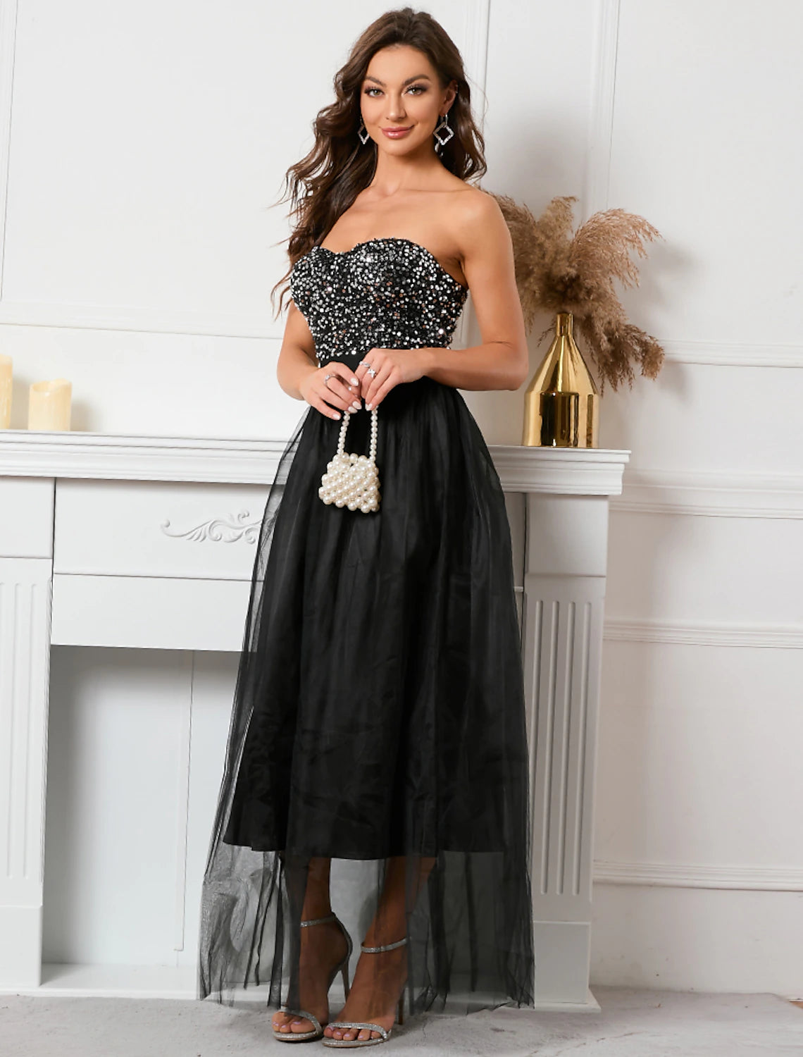 A-Line Party Dresses Sparkle & Shine Dress Holiday Floor Length Sleeveless Strapless Sequined with Sequin