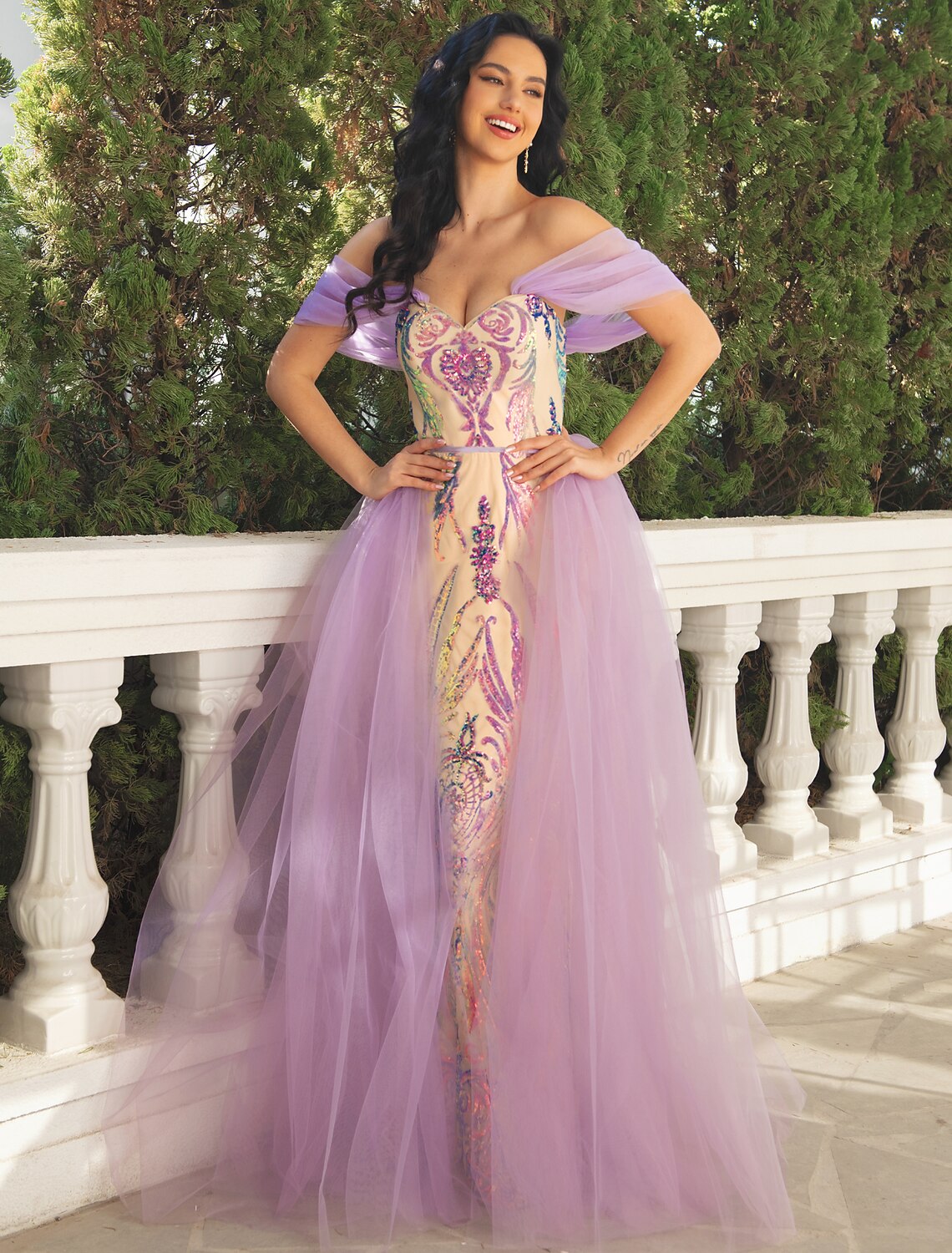 Mermaid / Trumpet Prom Dresses Luxurious Dress Wedding Party Floor Length Short Sleeve V Neck Detachable Tulle with Overskirt